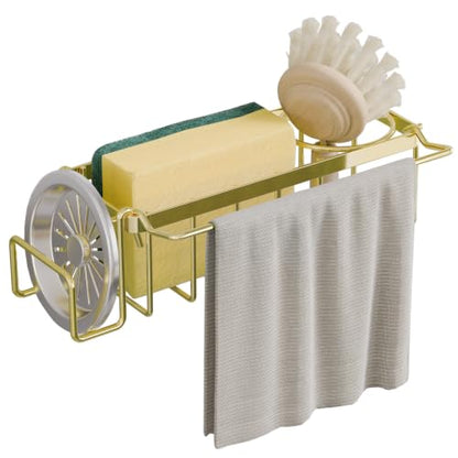 TAILI 4-in-1 Sponge Holder for Kitchen Sink with Strong Suction Cup-Gold | Removable Rustproof 304 Stainless Steel Multi-compartment Sponge Holder with Suction Cup, Keeps Brushes & Scrubbers Tidy - color: Gold, size: 7.28" x 2.36"