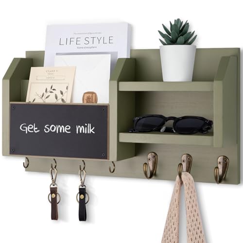 Lwenki Mail and Key Holder – Wall Mount Key Hanger with Shelf and 7 Metal Hooks – Decorative Natural Paulownia Wood Entryway Organizer with Mounting Hardware (16.5”W x 8.7”H x 3.5”D) (Sage-Green) - color: Sage-Green