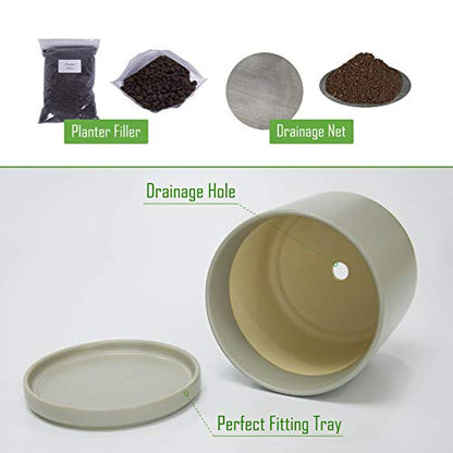 D'vine Dev 2-Pack Ceramic Pots with Saucers, 8/10 in, Grey, 94-G-L-3 | Glazed Ceramic, Drainage Hole, Perfect-Fit Saucer, Sleek Cylinder Shape, High Temperature Fired, Elegant Home Accent - color: Gray, size: Large