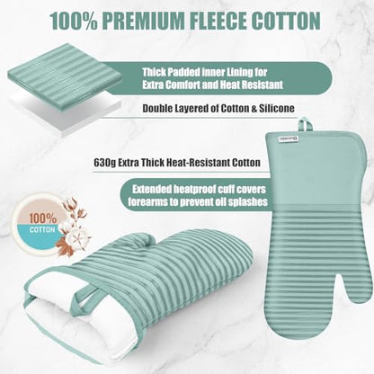 Oven Mitts and Pot Holder Sets with Silicone Grip, 500°F Heat Resistant-6 Pack Dishcloth/Dish Towels for Kitchen 100% Cotton-Value Kitchen Essentials for Cooking, Baking, Grilling-Mint Green - color: Mint Green