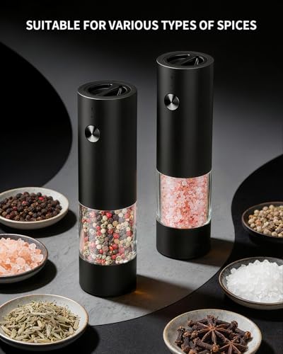 CIRCLE JOY Electric Salt and Pepper Grinder Set with Charging Base, Rechargeable Automatic Pepper Mill, Adjustable Coarseness, LED Light, 140ml Large Capacity - color: Classic Black