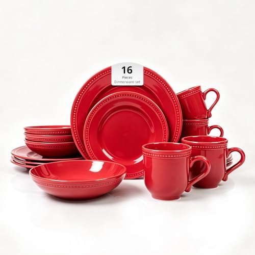 HomeVSS 16-Piece Pearl Dots Stoneware Dinnerware Set, Red, Service for 4 | plates and bowls sets，dinnerware sets for 4,Pearl Dots Dinnerware，Microwave and Dishwasher Safe - color: Red, size: 16pc Set