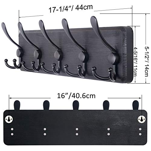 SKOLOO Rustic Wall Mounted Coat Rack: 16" Stud Spacing, Pine Real Wood Plank Wall Coat Rack with 5 Triple Hooks, Farmhouse Coat Hanger Wall Mount for Hanging Backpack Jacket Coat Hat - color: Black Plate & Black Hook, size: 1 Item-5 Hooks