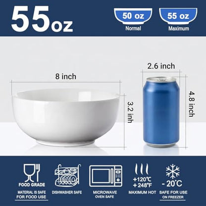 60 oz Large Soup, Ramen, Pho, Noodle, and Salad Bowl Set of 3, 8 in White Ceramic Bowls, Versatile & Microwave Safe - size: 8-inch, 60 Ounce