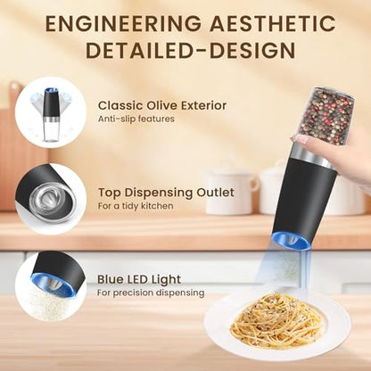 Battery Gravity Salt Pepper Grinder Set, 2 Pack (Black) | Gravity Automatic Grinder With LED Light & Adjustable Roughness, Each Requires 6 AAA Batteries For Kitchen Daily Seasoning - color: Battery/Set/Black