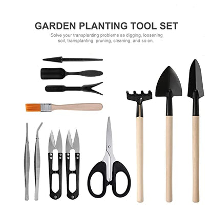 Haofy 13PCS Mini Gardening Tools Set for Succulents Planting Transplanting Tool Kit with Stainless Steel Scissor Tweezers Brush for Bonsai Indoor Plants