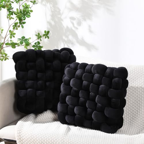 Wenqik 2 Pcs Knot Pillows Square Knotted Plush Throws Soft Accent Pillows Decoration Cushion for Couch Home Office Living Room Bedroom Bed Sofa Decor, 12'' x 13''(Black,Crystal Velvet) - color: Black