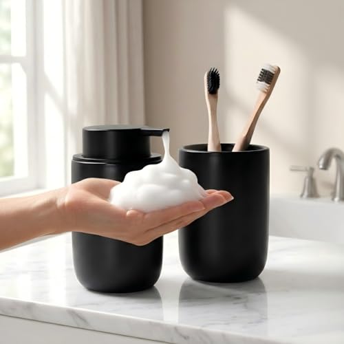 Bosilunlife Soap Dispenser and Toothbrush Holder Set - 11Oz Foam Soap Dispenser Pump Ceramic Bathroom Counter Soap Toothbrush Holder Set Black Bathroom Accessories Set - color: Black-cylinder Foam