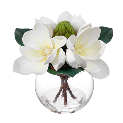 Artificial White Magnolia Flowers in Glass Vase with Faux Water, Realistic Touch Silk Magnolia Floral Arrangement, Fake Magnolia Centerpiece for Home Dining Table Office Bathroom Shelf Decor - color: White1