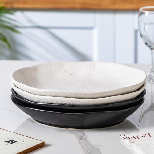 Ceramic Bowls Set of 2, Handcrafted Ceramic Plates Set | 10" Oval Serving Dishes Bowls | Large Serving Bowl Wide Shallow Bowl for Pasta, Salad, Cereal, Soup & Microwave & Dishwasher Safe, Matte Black - color: Thick Black
