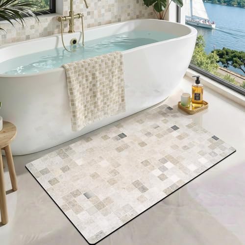 LUMI Non Slip Ultra Thin Bath Mat, Low Pile Quick Dry, Beige Grid, 24x36 | Low Profile Absorbent, Fits under Door, for Bathroom, Shower, Sink, Doorway, Entrance - color: Beige Checkered, size: 24"x36"