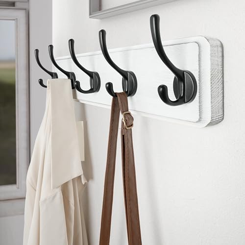 SKOLOO Rustic Wall Mounted Coat Rack, Pine Solid Wood Coat Hook Hanger - 5 Hooks for Hanging Clothes Robes Towels Coats - color: White Plate & Black Hook, size: 1 Item-5 Hooks