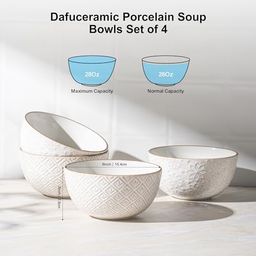 26 oz Ceramic Soup Bowls, Cereal Bowls Set of 4 – Oven & Microwave Safe French Onion Soup Bowls, Unique Embossed Patterns, Dishwasher Safe for Soups, Stews & Desserts