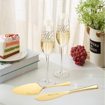 Wedding Cake Cutting Set, Champagne Flutes and Cake Knife | Cake Cutting Set for Wedding, Wedding Registry Must Haves, Bride And Groom Champagne Glasses for Wedding Gifts - color: MR & MRS Gold
