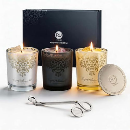 Luxury Candle Gift Set for Women, 3x7oz, Trimmer & Snuffer Lid | Soy candles: Scent Warm Sandalwood Rose, Bright Citrus Gardenia & Jasmine Rose Bloom, natural crystals, 120-hour burn