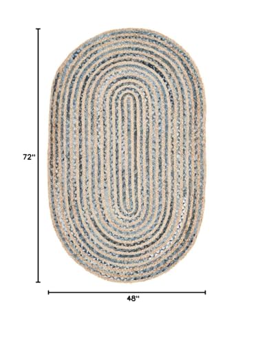 SAFAVIEH Cape Cod Collection Area Rug - 4' x 6' Oval, Natural & Blue, Handmade Flat Weave Jute, Ideal for High Traffic Areas in Living Room, Bedroom (CAP250A) - size: 4' x 6' (Oval)