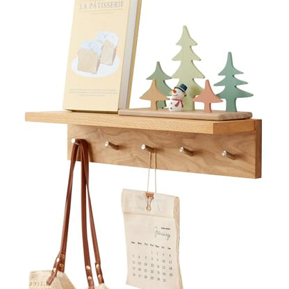 Wall Hooks with Shelf Oak Wood Coat Rack Shelf Wall Mounted, Entryway Shelves with 5 Metal Hangers for Clothes Hats Towel for Bathroom, Bedroom, Living Room (Natural, 20 inches) - size: 20 inches
