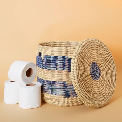 Shelf Basket, Organizing, Home Decor, Wicker Basket, Small Storage for Towels, Toilet Paper, and Toiletries, Woven, 12" wide, Blue - color: Blue Beige