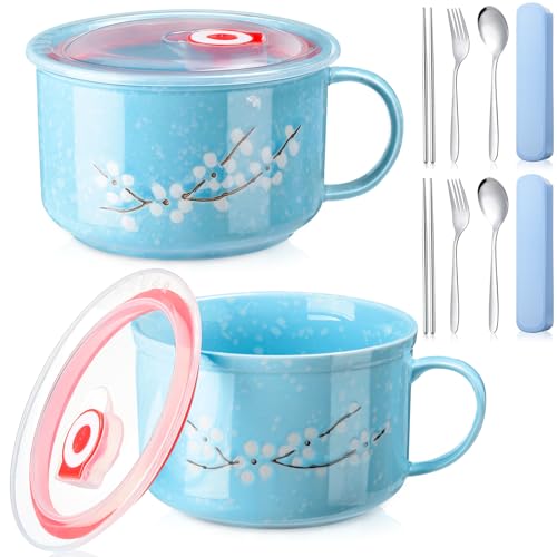 2 Pcs 30 oz Ceramic Soup Bowl with Lid and Handle Snow Flake Blossoms Cherry Pattern Microwave Soup Mug Instant Noodles Cup,2 Sets Stainless Utensils Fork Spoon Chopsticks with Case(Blue) - color: Blue