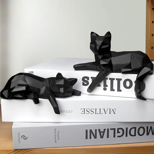 Bookshelf Decor Cat Statue, Modern Geometric Cat Figurines Set of 2 | Animal Sculptures for Living Room Office Shelves Coffee Table Desk Decor – Minimalist Home Gift (Black) - color: Black