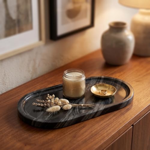 YKAJO Antique Wood Oval Marble Tray, 11.8x5.9 Vanity Perfume Organizer | Honed natural stone; jewelry & trinket dish, ring & key holder, soap & candle catchall; bath counter, dresser, coffee table - color: Antique Wood, size: 11.8" x 5.9" x 0.6"