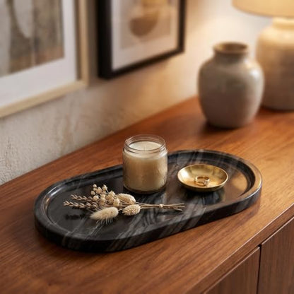 YKAJO Antique Wood Oval Marble Tray, 11.8x5.9 Vanity Perfume Organizer | Honed natural stone; jewelry & trinket dish, ring & key holder, soap & candle catchall; bath counter, dresser, coffee table - color: Antique Wood, size: 11.8" x 5.9" x 0.6"