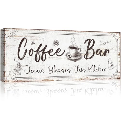 Coffee Bar Wall Art, Jesus Blesses This Kitchen Sign, Rustic Farmhouse Coffee Station Decor, Vintage Canvas Plaque for Kitchen Coffee Nook, 6x17 Inches - color: AC26-016-coffee bar, size: 17L" x 6W"