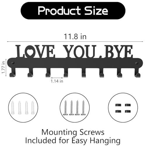 Key Holder for Wall - 'Love You Bye' Key Hooks, Black, 8 Hooks | Key Holder Wall Mount Self Adhesive, Key Rack Wall Mount for Wall No Drill for Living Room, Kitchen, Bathroom, Garage - color: Love You Bye' Black 1p
