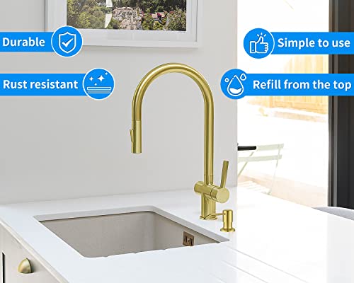 Built in Soap Dispenser for Kitchen Sink, Gold Brushed Stainless Steel Countertop Pump Head, Dish Soap Hand Lotion Dispenser with Refillable 17OZ Bottle - color: Gold Brushed