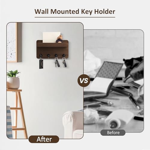 Nekon Key Holder Wall Mount, 8.5 Inch Small Wooden Wall Organizer, Brown | Rustic Wall Shelf, Farmhouse Key and Mail Holder for Living Room Entryway Kitchen - color: Brown