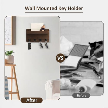 Nekon Key Holder Wall Mount, 8.5 Inch Small Wooden Wall Organizer, Brown | Rustic Wall Shelf, Farmhouse Key and Mail Holder for Living Room Entryway Kitchen - color: Brown