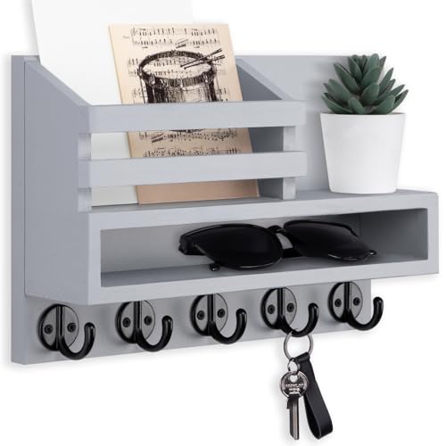 Key and Mail Holder Wall Mount, Key Holder with Long Storage Box | Key Hanger with Mail Slot,5 Key Hooks for Coat, Dog Leash, Home Decor Rack, House Accessories, Entry Way Organizer - color: Gray, size: Standard - 11.8 Inch