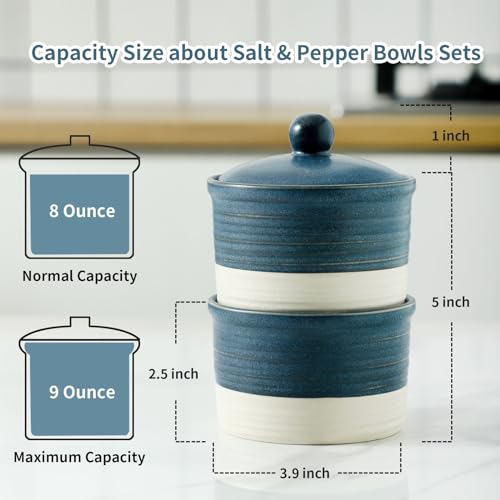Hasense Salt Cellar Set, Ceramic Salt Box with Lid, 9 oz Stacked Salt Pepper Container for Countertop, Small Spice Bowls for Salt Pepper Sugar, Christmas Gift Ideas, Set of 2, Deep Blue - color: Deep Blue