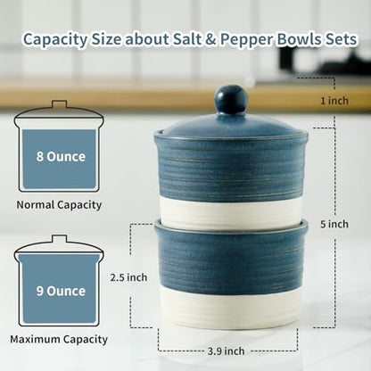 Hasense Salt Cellar Set, Ceramic Salt Box with Lid, 9 oz Stacked Salt Pepper Container for Countertop, Small Spice Bowls for Salt Pepper Sugar, Christmas Gift Ideas, Set of 2, Deep Blue - color: Deep Blue