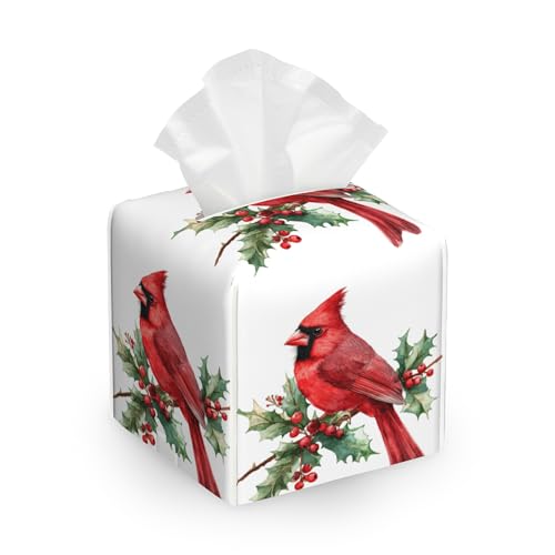 Tissue Box Cover Holder, Red Cardinal Bird Flowers Square with Bottom Belt by PU Leather Decorative Organizer for Tabletop, Bathroom, Car, Office - color: Red Cardinal Bird Flowers