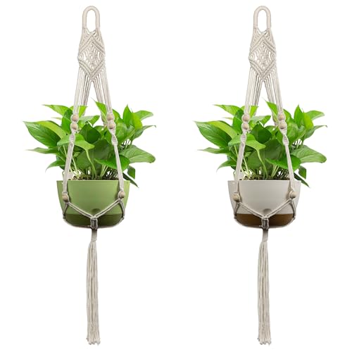 USLAI Macrame Plant Hanger Indoor Outdoor, Up to 4-15 inch Pot, Heavy 20lb Planters, Extra Long Strong Hanging Planter Basket, Boho Home Decor, 41 Inch, Ivory, Set of 2 (POTS NOT Included) - color: 41+41 Inch - Ivory