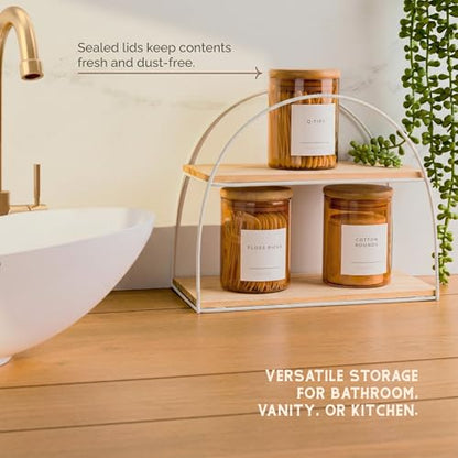 Mini Glass Apothecary Jars with Bamboo Lids, Small Bathroom and Kitchen Storage Containers, For Cotton Balls, Pads and Swabs, 10 oz, Set of 3 (Amber) - color: Amber