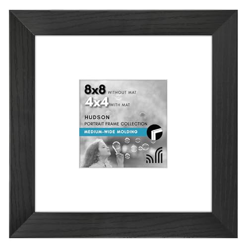 Americanflat 8x8 Picture Frame - Matted to 4x4 - Engineered Wood - Black | Shatter-resistant glass, wall or tabletop display with included easel, sawtooth hangers included, secure turn-tab backing - color: Black, size: 8x8 with 4x4 Mat
