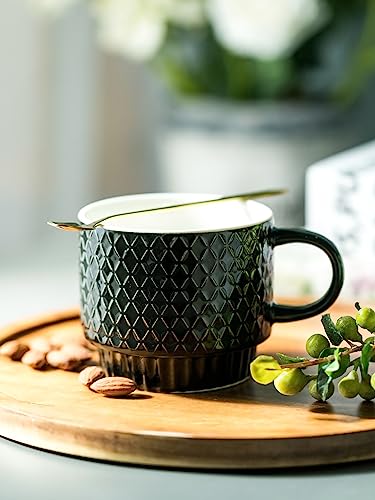 LYEOBOH Stackable Coffee Mugs Set of 4 with Rack & Spoons Coffee Mug Set 13 OZ., Ceramic Embossed Grinding Demitasse Cups Set Cappuccino Cup Halloween for Coffee, Latte, Macchiato, Espresso, Black - color: Black