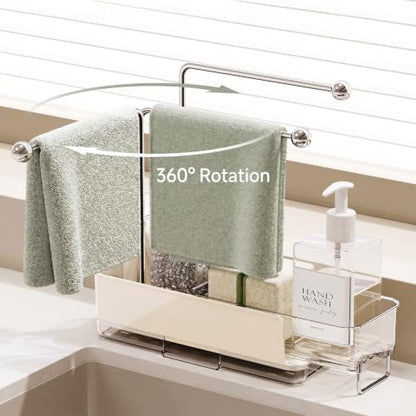 Expandable Kitchen Sink Caddy 25-38cm, 360° Rotating Sponge Holder & Brush | White, large, stretchable 25-38cm. Side brush holder, triple drainage, rust-proof.Ideal for sponge & kitchen sink accessories - color: White