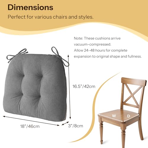 Anti Slip Kitchen Chair Cushions Set of 4 18"X16.5"X3" Grey | Elegant Breathable Textured Fabric, with Ties, Tufted, Thick Polyester Filling, for Dining Chairs, Folding Chairs, Office - color: Grey