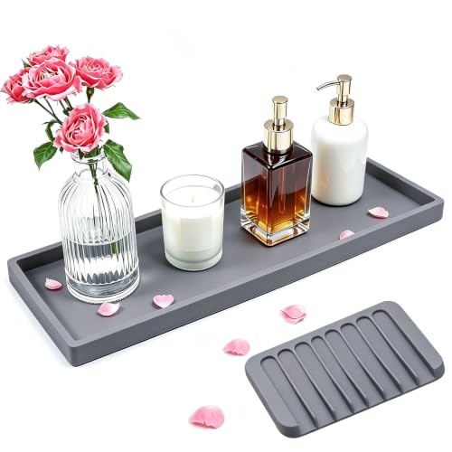 Bloss Silicone Tray Set for Bathroom/Kitchen Counter- 15.7x5.9inch Bathroom Soap Dispenser Tray and Soap Holder, Silicone Vanity Trays Countertop Organizer for Scrubber, Perfume, Jewelry, Candle Tray - color: Gray, size: 15.7" x 5.9" x 0.9"