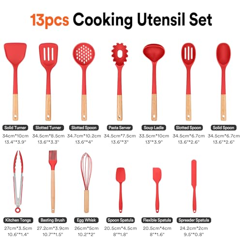 Kitchen Utensils Set, 13PCS Silicone Cooking Utensils, Heat Resistant Kitchen Utensil Spatula Set for Nonstick Cookware, Wooden Handles Kitchen Gadgets Tools Set (RED) - color: Red