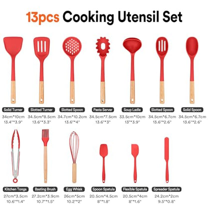 Kitchen Utensils Set, 13PCS Silicone Cooking Utensils, Heat Resistant Kitchen Utensil Spatula Set for Nonstick Cookware, Wooden Handles Kitchen Gadgets Tools Set (RED) - color: Red