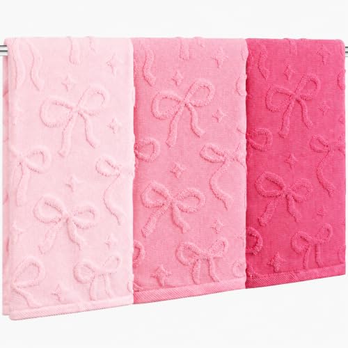 Shemilly 3 Pack Pink Bow Hand Towels 100% Cotton,13.7x29.5 Inch | Soft Cute Decorative Towel for Bridal Shower Wedding Holiday Bathroom Kitchen Decor Gift - color: Pink Bow