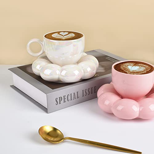 Koythin 6.5oz Sunflower Saucer Mini Ceramic Mug, Pearl White Tea Latte Cup | 200ml Small Compact Cup, Dual Safe Ceramic; Vanity Table Decor, Light Beverage Cup - color: Pearl White