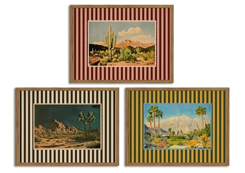 Framed Vintage Western Landscape Wall Art Set of 3, Striped Postcards Southwest Desert Cactus Pictures Wall Decor Paintings, Boho Plant Canvas Prints for Living Room Bedroom Office 16x24 inch - color: Vintage Striped, size: 24L" x 16W"