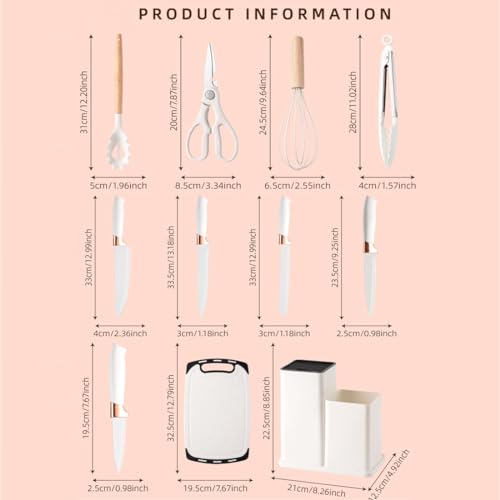 19 Piece Kitchen Utensils and Knife Set with Block, 9 Silicone Cooking Utensils, 5 Sharp Stainless Steel Chef Knife Set with Scissors, Whisk, Tongs and Cutting Board (Khaki)