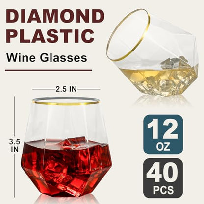 Goodluck 40PCS 12oz Diamond Stemless Plastic Wine Whiskey Glasses,Gold Rim | Disposable Cocktail Glasses, Suitable for Weddings, Birthday Parties, Family Gatherings, Bars, etc - color: Clear and Gold