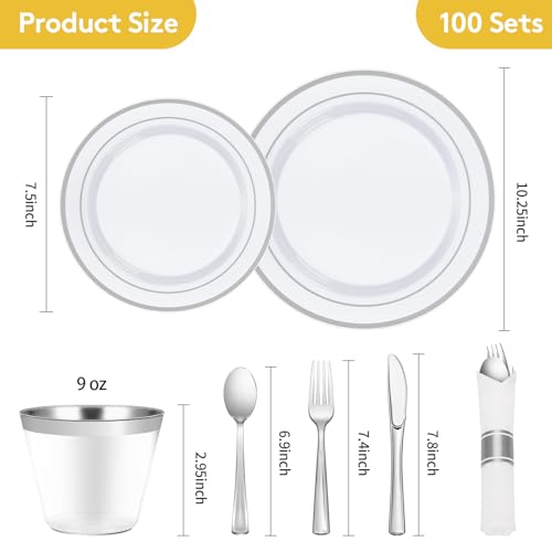 700 Piece Silver Plastic Dinnerware Set for 100 Guests | Disposable Dinnerware Includes: 100 Dinner Plates, 100 Dessert Plates, 100 Pre Rolled Napkins with Silverware, 100 Cups - color: Silver, style: 700 Piece (100 guests)